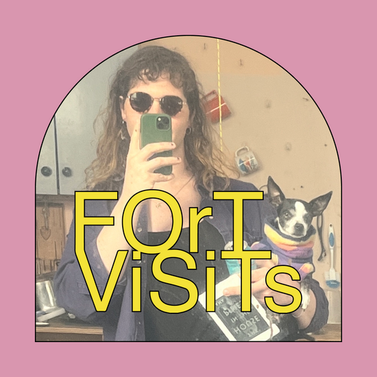 A square mirror selfie with a pink border and large yellow text reading 'For Visits' overlaid across the center. A person wearing sunglasses takes the photo while holding a green phone, and a small black-and-white dog in a striped sweater sits beside them.