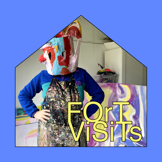 A person wearing a colorful painted paper mask, a blue sweatshirt, and a paint-splattered apron stands indoors with a large yellow text overlay reading 'ForT VisiTs' on a bright blue background.