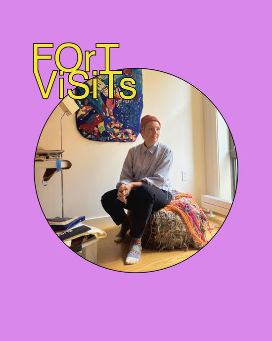 A purple graphic with the text 'FORT VISITS' in yellow above a circular inset photo of a person sitting indoors on a woven pouf, wearing a light blue shirt, dark pants, and a red beanie.