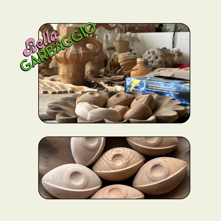 Two inset photos showing unfinished wooden carved objects, likely decorative shells or bowls, arranged on a workbench in a workshop. A large green and pink 'Bella Garbaggio' logo appears over the top photo.