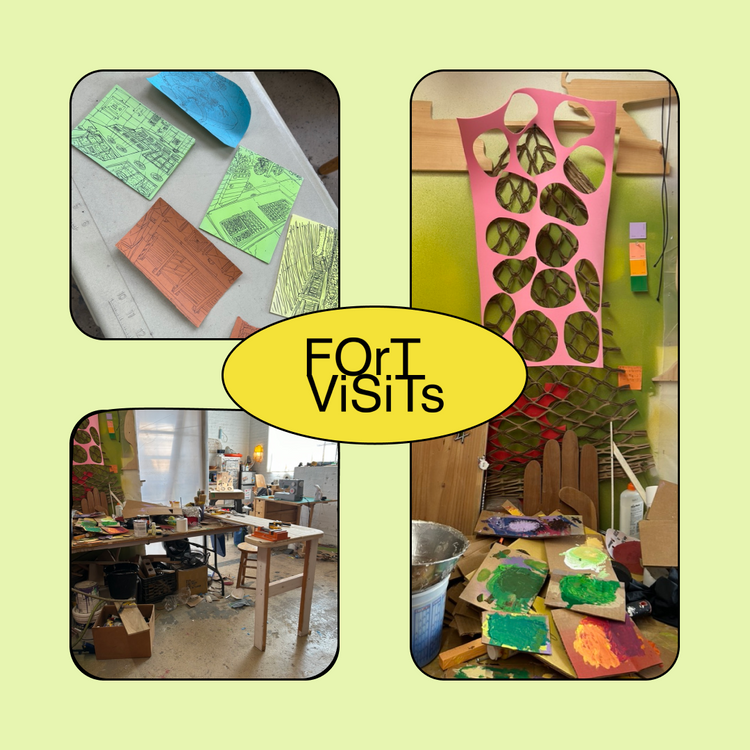 A collage-style promotional graphic with four rounded-corner photos arranged around a central yellow oval reading 'FOR VISITS.' The top-left photo shows small colorful textured cards or sheets on a table.