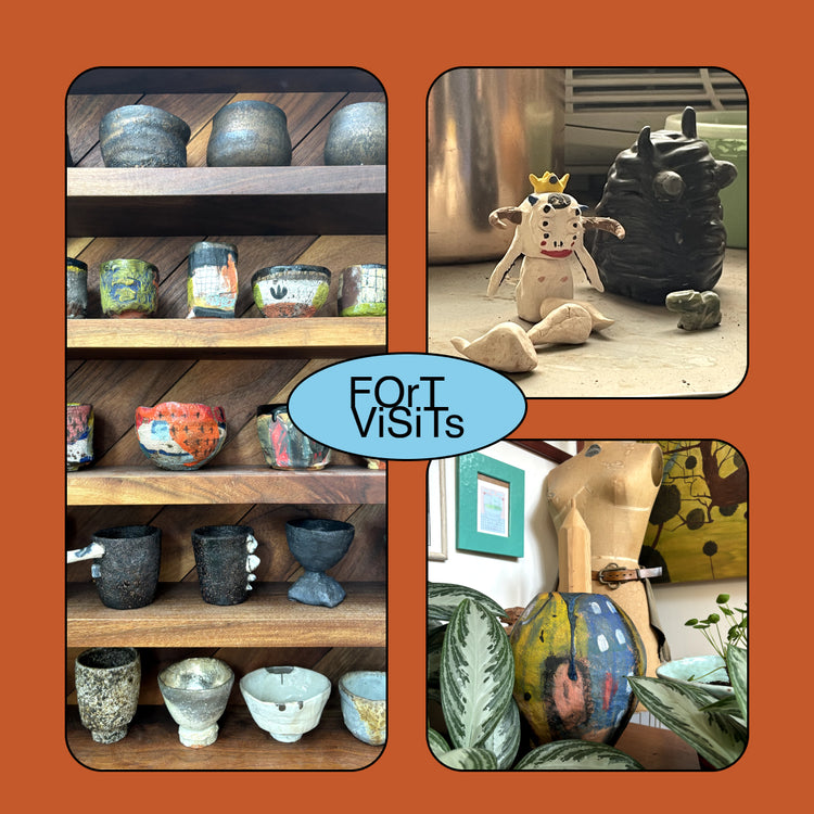 A collage showing handmade ceramic pottery on wooden shelves, a small clay figure with a gold crown, and painted ceramic vessels with plants, all arranged on an orange background with a central blue oval reading 'FOR VISITS'.