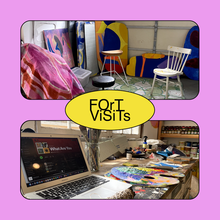 A collage-style promotional graphic with a pink border and a yellow oval in the center reading 'FOR VISITS.' The top inset shows a colorful art studio with abstract paintings, stools, and a chair.