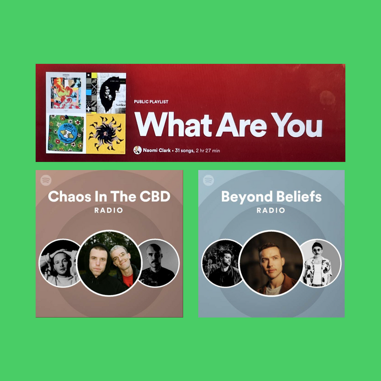 Three Spotify playlist cover tiles arranged on a solid green background. The top card is red and reads 'What Are You' with artist text 'Room Clark'.