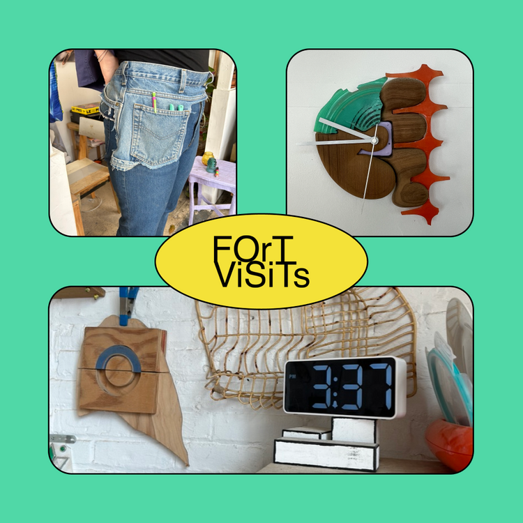 A collage of four product photos with a central yellow oval reading 'For Visits' on a mint green background. The products shown include a pair of distressed blue jeans with a pocket tool holder, a wooden and teal wall clock, a wooden target board, and a digital alarm clock mounted on a white brick wall.