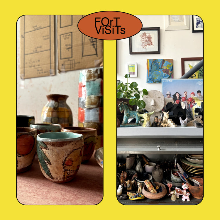 A collage-style interior scene with two inset photos showing handmade ceramic vessels and decor in a room. A brown oval badge at the top reads 'FOR VISITS'.