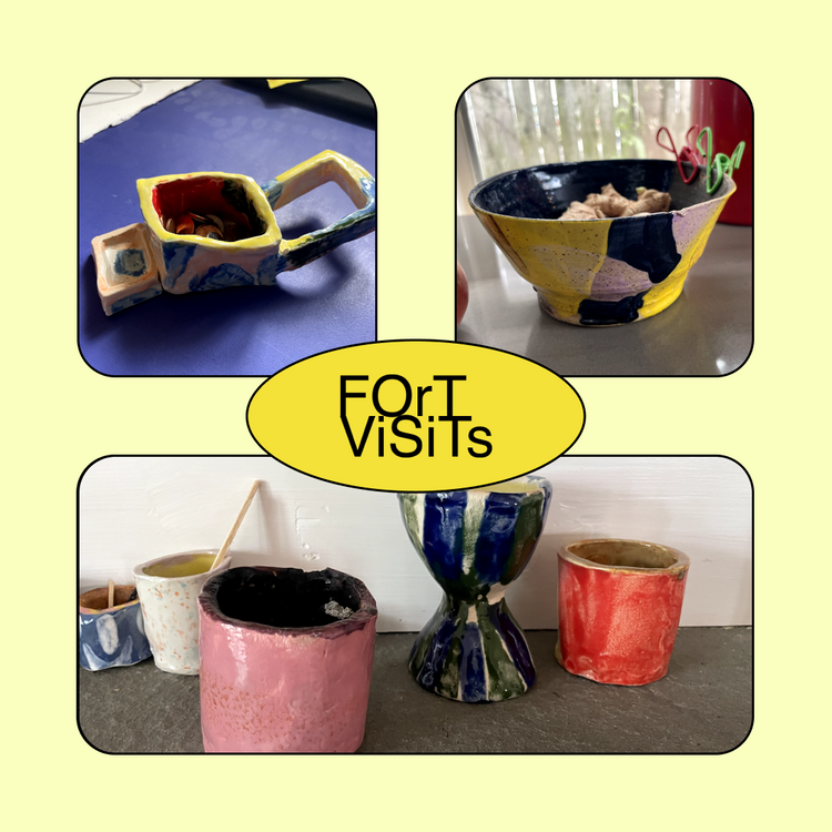 A collage showing several handmade ceramic vessels, including a small yellow and blue handled dish, a yellow and blue patterned bowl, a pink pot, a blue and green vase, and a red pot, arranged on a tabletop. A central yellow oval reads 'For Visits'.