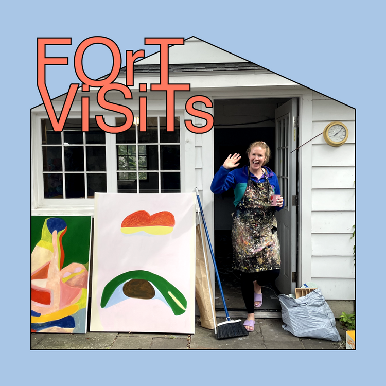 A woman in a floral apron stands in the doorway of a white shed waving, with two colorful paintings leaning against the wall and a large coral 'For Visits' text overlay on a light blue background.