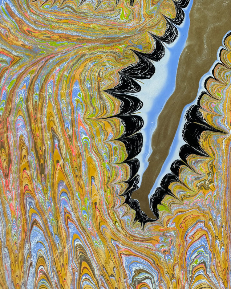 Abstract fluid art print featuring swirling marbled patterns in gold, orange, yellow, black, blue, and brown, with a prominent vertical zigzag border of black shapes.