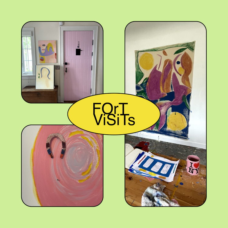 A collage-style promotional graphic with four rounded photo panels around a large yellow oval in the center reading 'FOR VISITS.' The panels show an interior room with a lavender door and framed art, a close-up of a pink abstract painting with a horseshoe, a colorful abstract painting on a wall, and a wooden table with art supplies and a pink mug.