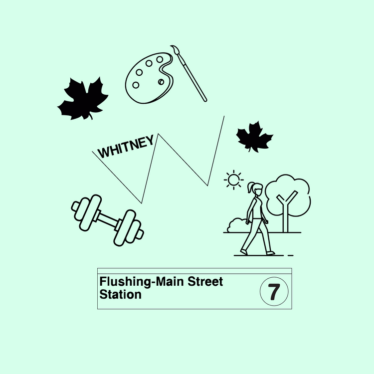 A minimalist black line art graphic on a pale mint green background, featuring abstract icons including maple leaves, a paint palette and brush, a zigzag labeled WHITNEY, a dumbbell, a walking person, trees, and a station sign reading Flushing-Main Street Station with the number 7.