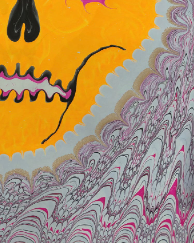 Abstract artwork featuring a large bright yellow-orange shape with black and pink outlined details on the left, set against a light gray background with a marbled purple, gray, and pink pattern across the lower and right portions.