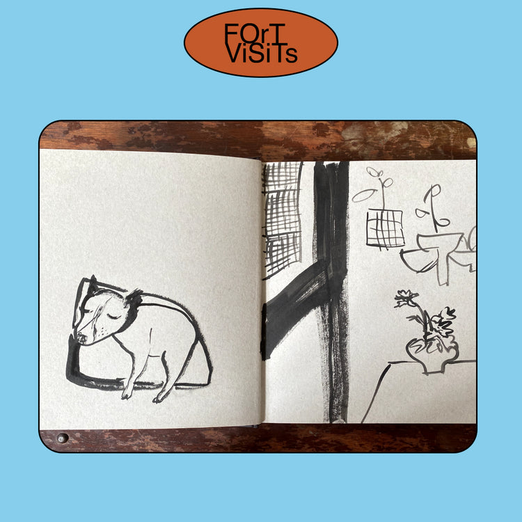 An open sketchbook with black ink drawings on cream paper, resting on a dark wooden surface against a light blue background. An oval orange logo at the top reads 'FOR VISITS'.