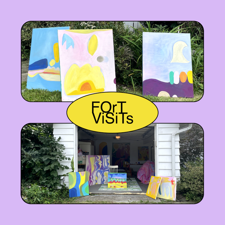 A collage-style promotional graphic with a lavender border and a yellow oval in the center reading “For Visits.” The top panel shows three colorful abstract paintings leaning outdoors against a garden wall.