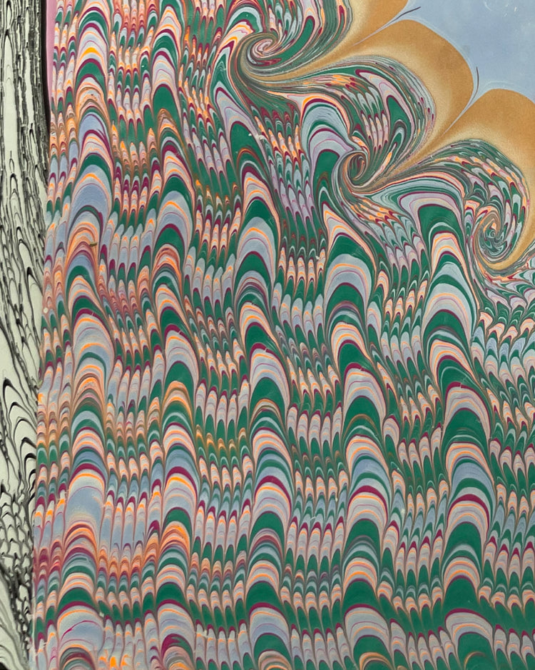 An abstract marbled artwork with swirling, layered wave-like patterns in green, gold, cream, pink, blue, and black, filling the frame.