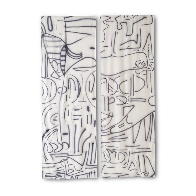 Silk Noil Hand-Painted Gray Lines Curtain Fabric Yardage